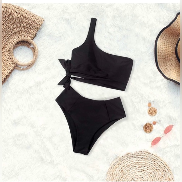 MOOSLOVER Women One Shoulder High Waisted Bikini Tie High Cut Two Piece Swimsuit - Picture 2 of 6